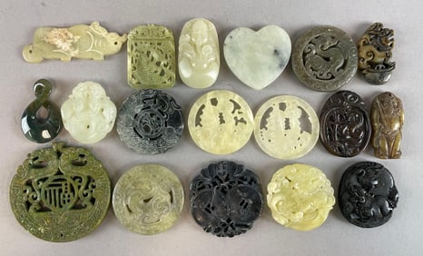 Group of Chinese Carved Stone Pendants and More