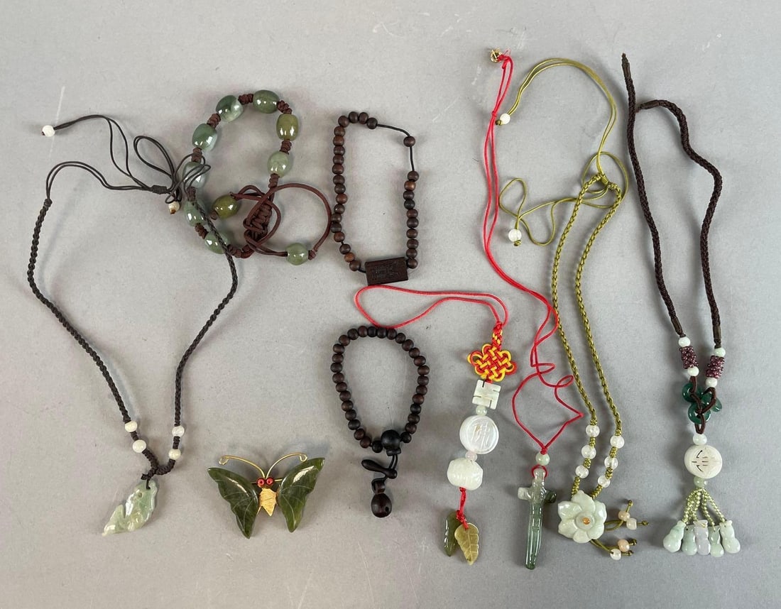 Group of Chinese Stone Jewelry: Includes brooch, bracelets, longest necklace measures 18 inches