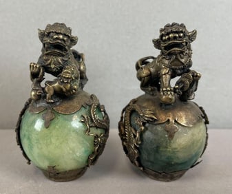 Group of 2 Chinese Jade and Bronze Foo Dog Statues