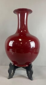 Chinese Red Ceramic Vase with Wood Stand
