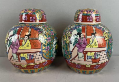 Group of 2 Chinese Porcelain Floral and Figural Ginger Jar