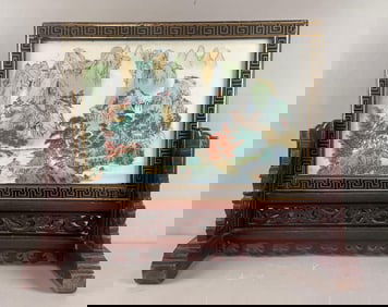 Chinese Hand-Painted Landscape Porcelain Screen with Carved Wood Stand