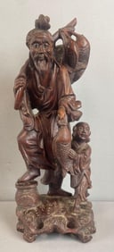 Chinese Carved Wood Fisherman with Child Statue