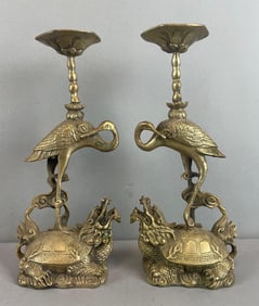 Pair of Chinese Brass Gilted Crane and Tortoise Candlesticks