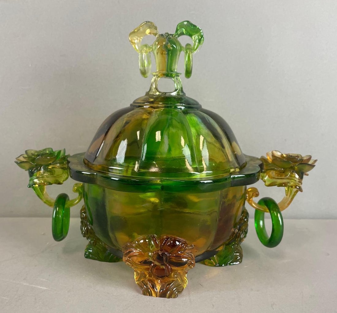 Vintage Green and Amber Carnival Glass Ornate Lidded Dish (1 of 4)