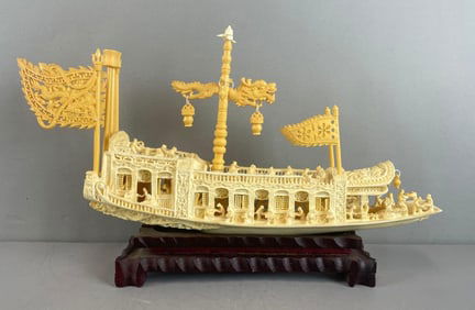 Chinese Resin Boat on Wood Stand