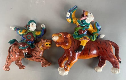 Group of 2 Chinese Warrior Porcelain Roof Tiles