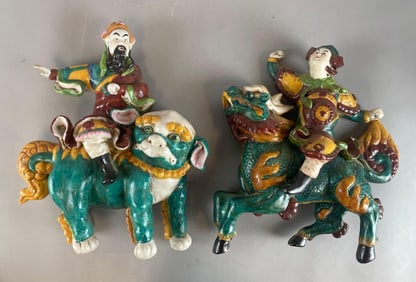 Group of 2 Chinese Warrior Porcelain Roof Tiles