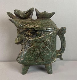Chinese Carved Soapstone Figural Ewer with Lid