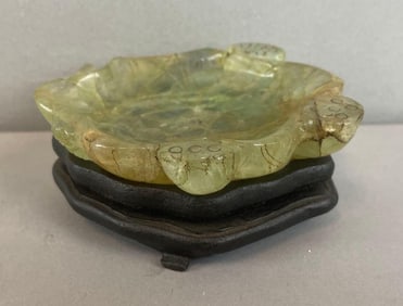 Chinese Carved Jade Dish with Wood Base