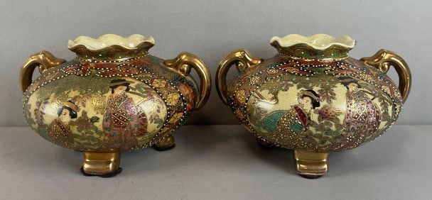 Pair of Chinese Hand Painted Porcelain Eared Bowls