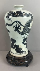 Chinese Dragon Ceramic Vase with Wood Base
