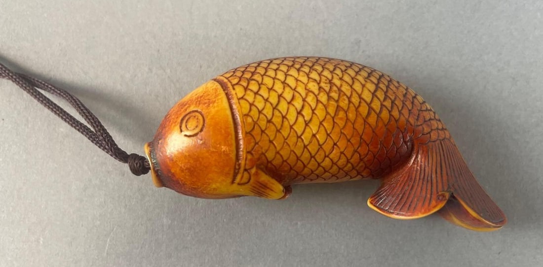 Japanese Resin Erotic Koi Fish Pendant: Erotic scenes inside, measures 2 1/4 inches