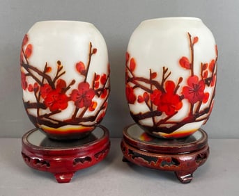 Pair of Reproduction Cameo Art Glass Floral Vases