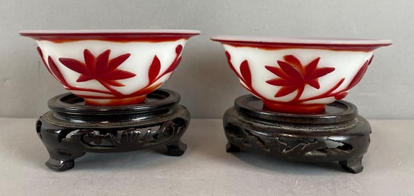 Group of 2 Chinese Overlay Floral Glass Bowls