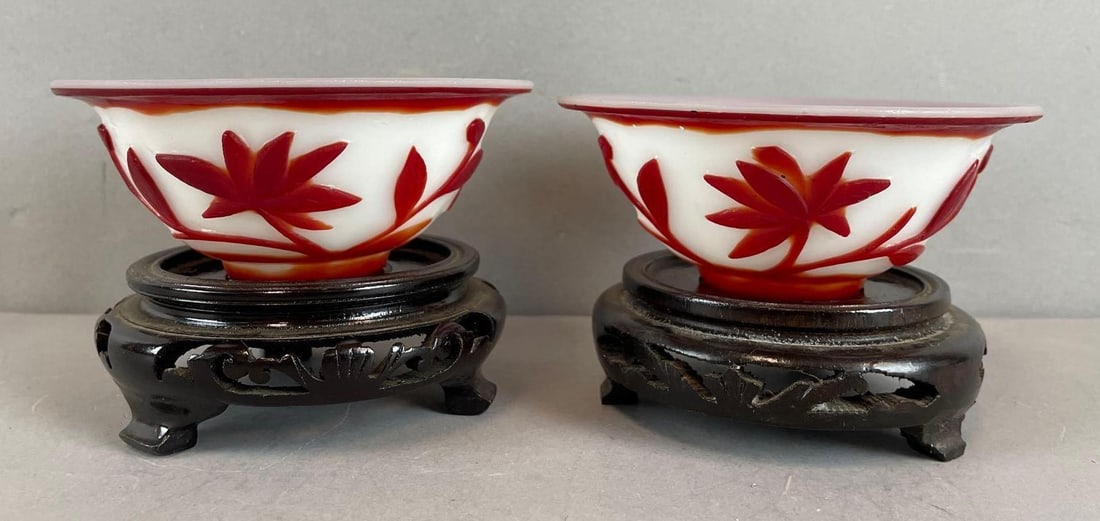 Group of 2 Chinese Overlay Floral Glass Bowls: Includes wood stands. Bowls measure 2 x 4 1/2 inches
