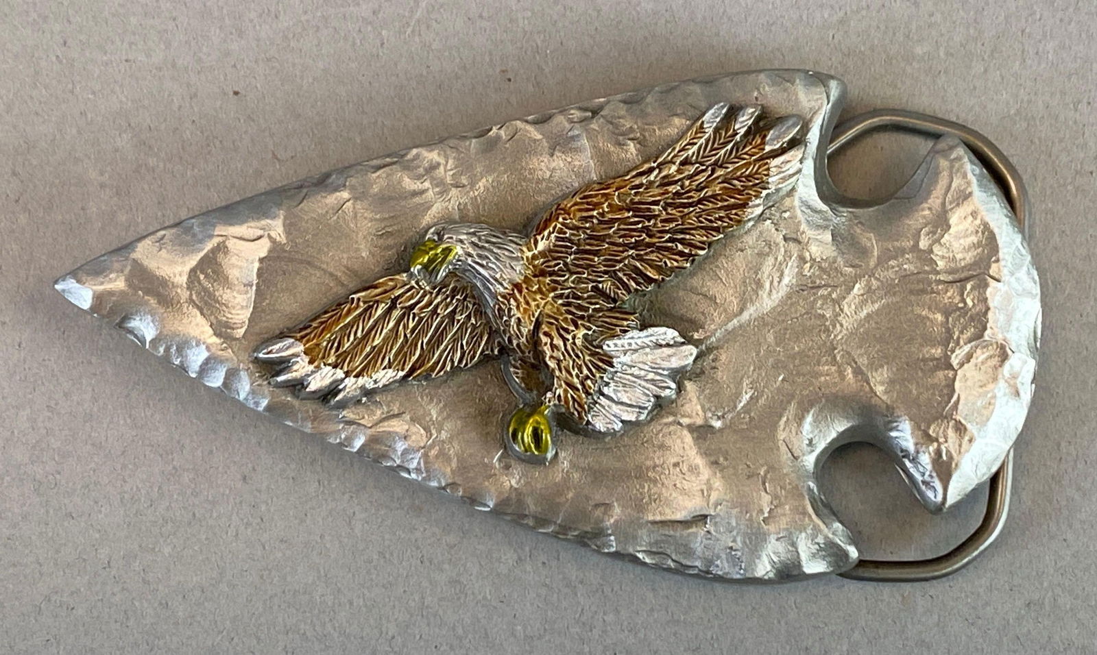 1991 GAP Pewter Arrow Head Belt Buckle: Great American Products, measures 4 x 2 1/4 inches