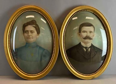 Group of 2 Antique Charcoal Portraits in Bubble Glass Frames