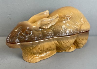 Slag Glass Rabbit Lidded Dish