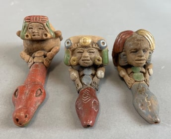 Group of 3 Mexican Folk Art Clay Pipes