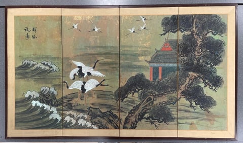 Chinese Hand-Painted 4 Panel Paper Screen