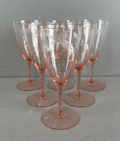 Group of Pink Depression Glass Etched Wine Glasses