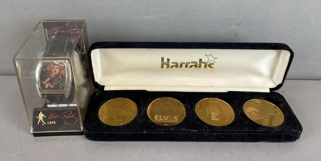 Group of Harrahs Casino Elvis Tokens and More: Includes 2005 EPE Elvis Presley wristwatch. Coin case measures 1 x 8 x 2 1/4 inches