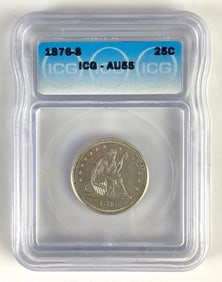IGC Graded 1876-S US Seated Liberty Quarter AU55