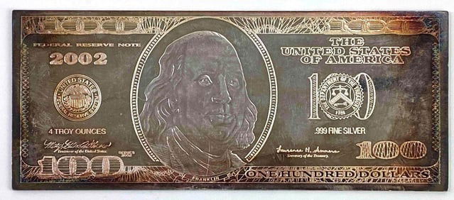 2002 $100 US Federal Reserve Note 4oz Ingot/Bar
