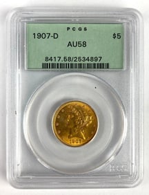 1907 D PCGS Graded AU 58 $5 US Liberty Gold Coin