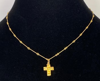 14K Gold Bar Link Necklace with Cross Pendant