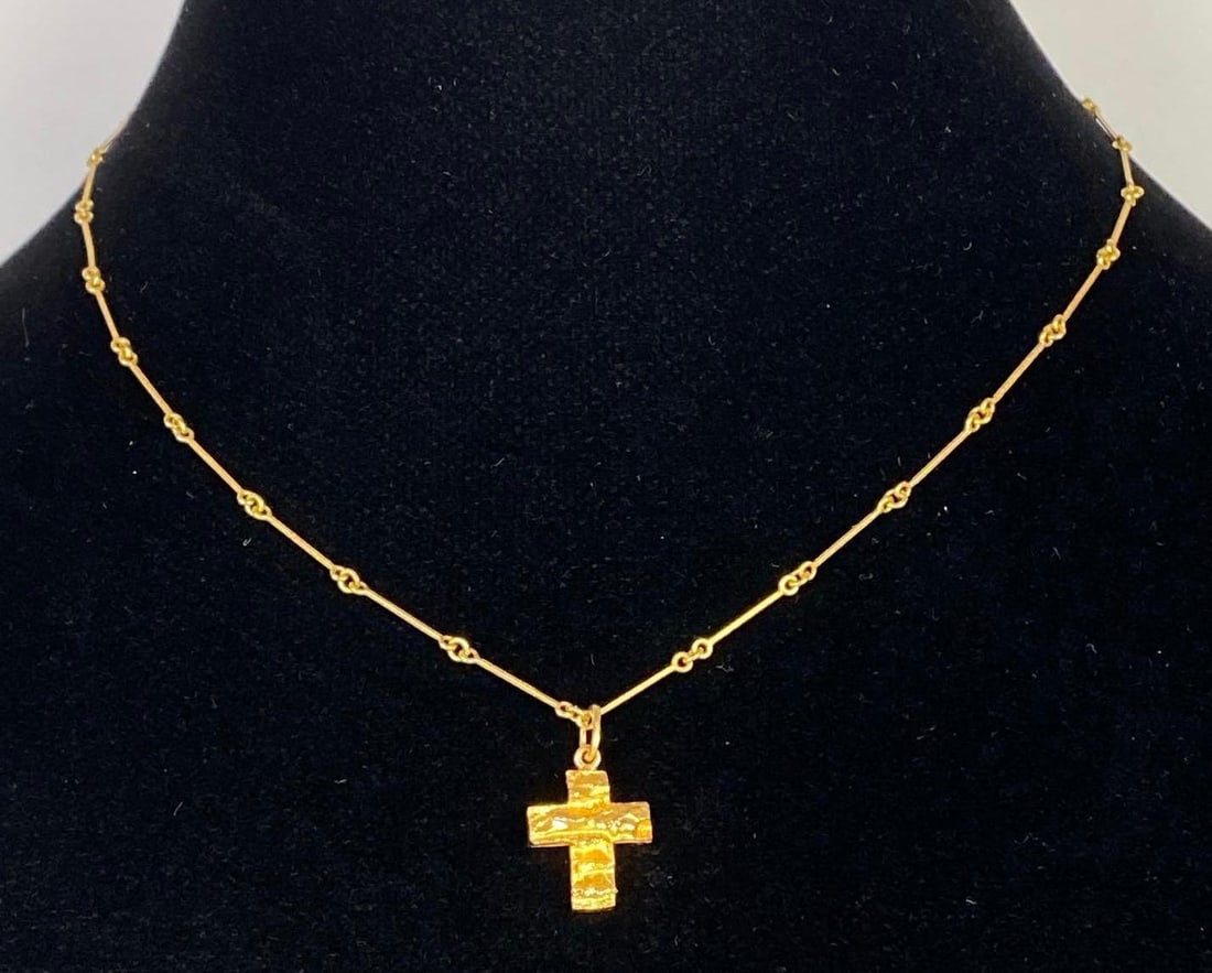 14K Gold Bar Link Necklace with Cross Pendant (1 of 6)
