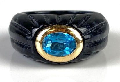 Onyx and Blue Topaz Ring with 14K Gold Bezel
