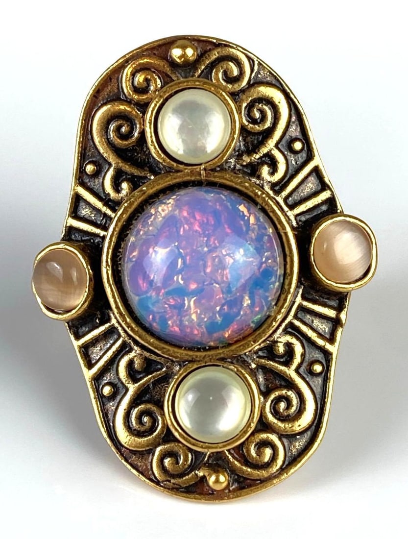 Faux Fire Opal and Moonstone Filagree Costume Jewelry Ring (1 of 5)
