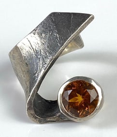 Sterling Silver Citrine Modernist Art Ring
