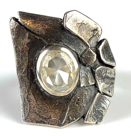 Sterling Silver Clear Spinel Modernist Art Ring