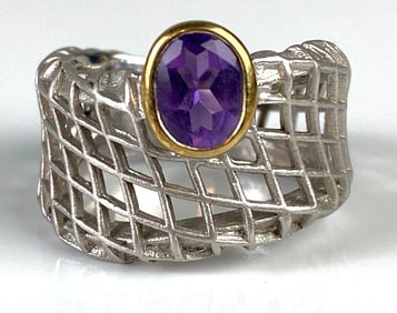 Sterling Silver Woven Mesh Art Ring with Amethyst Accent Stone