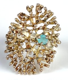 Sterling Silver Coral Ring With Aquamarine Accent Stone