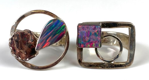 Group of 2 Sterling Silver Fire Opal Modernist Art Rings