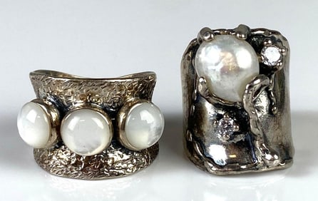 Group of 2 Sterling Silver Moonstone and Pearl Rings