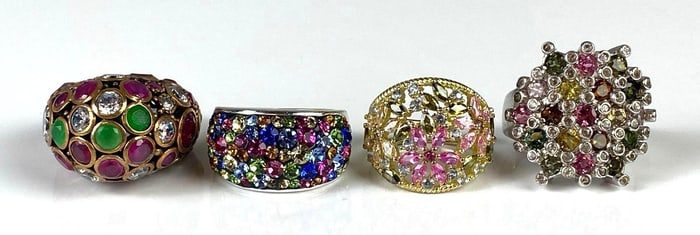 Group of 4 Colorful CZ Costume Jewelry Rings