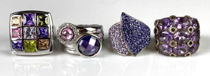 Group of 4 Purple Stone Costume Jewelry and Sterling Silver Rings