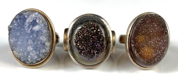 Group of 3 Sterling Silver Geode Druzy Rings