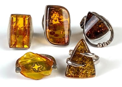 Group of 5 Sterling Silver Amber Rings
