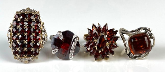 Group of 4 Red/Orange Rhinestone Costume Jewelry Rings