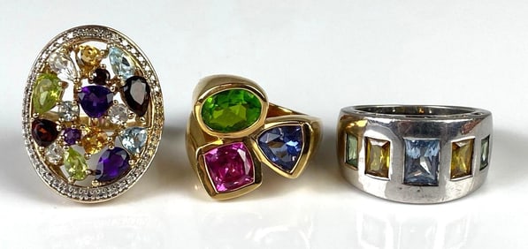 Group of 3 Multi-Gemstone Costume Jewelry Rings