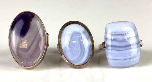 Group of 3 Sterling Silver Blue Lace Agate and Amethyst Rings