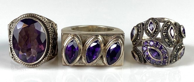 Group of 3 Sterling Silver Purple CZ and Amethyst Rings