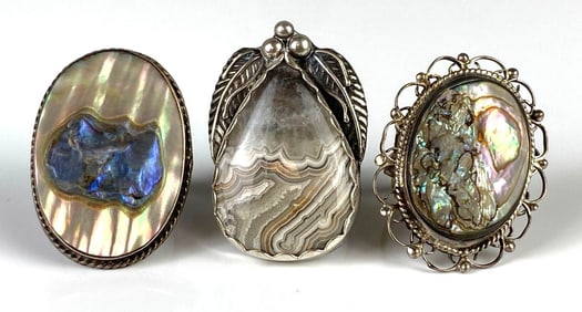 Group of 3 Mother of Pearl and Lace Agate Rings