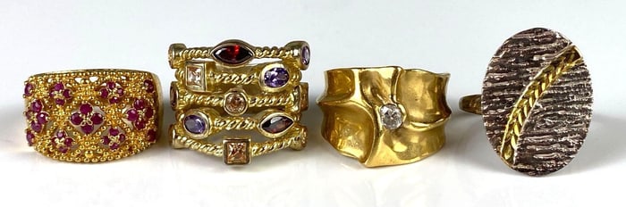 Group of 4 Sterling Silver and Vermeil Rings
